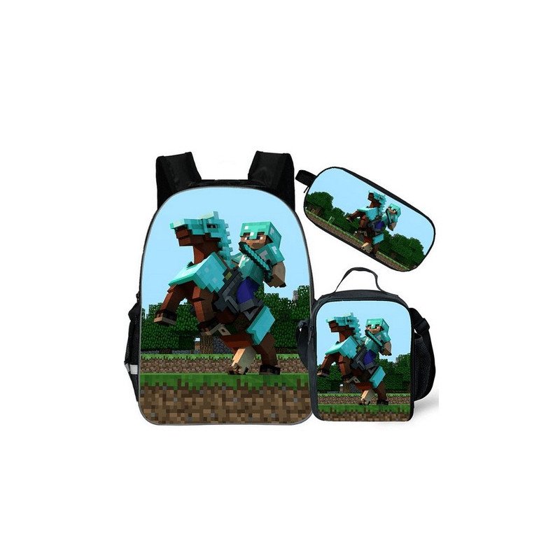 pack cartable + Trousse + Lunch bag  Minecraft jeu vidéo sac à dos Gaming