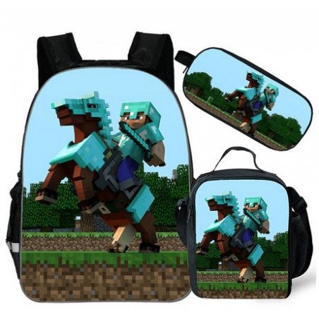 pack cartable + Trousse + Lunch bag  Minecraft jeu vidéo sac à dos Gaming