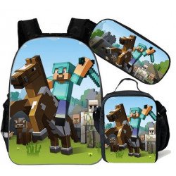 pack cartable + Trousse + Lunch bag  Minecraft jeu vidéo sac à dos Gaming