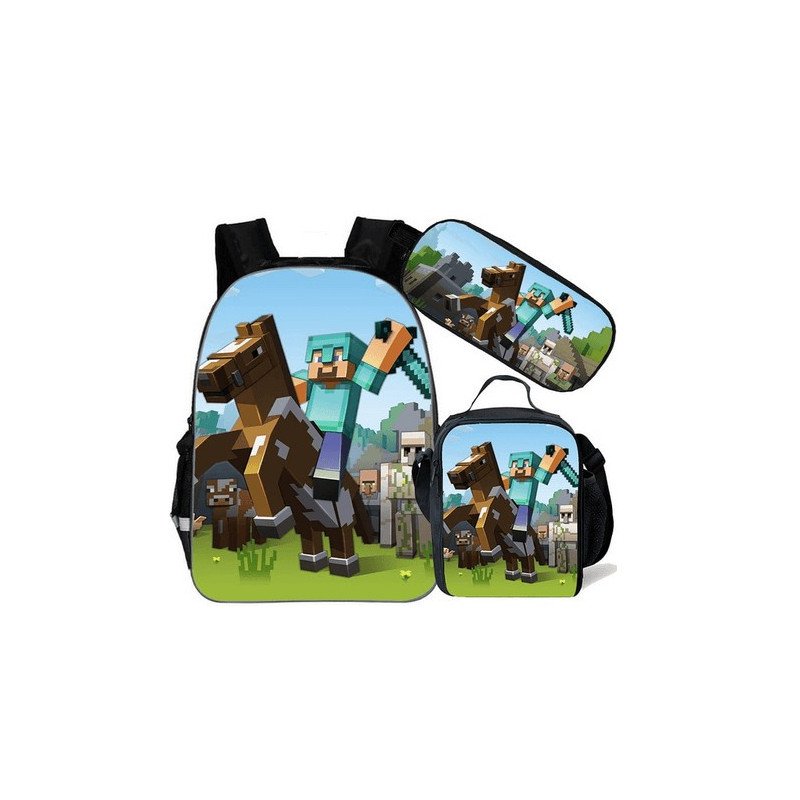 pack cartable + Trousse + Lunch bag  Minecraft jeu vidéo sac à dos Gaming
