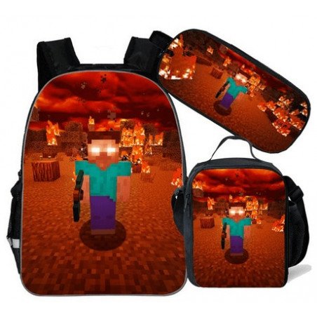 pack cartable + Trousse + Lunch bag  Minecraft jeu vidéo sac à dos Gaming