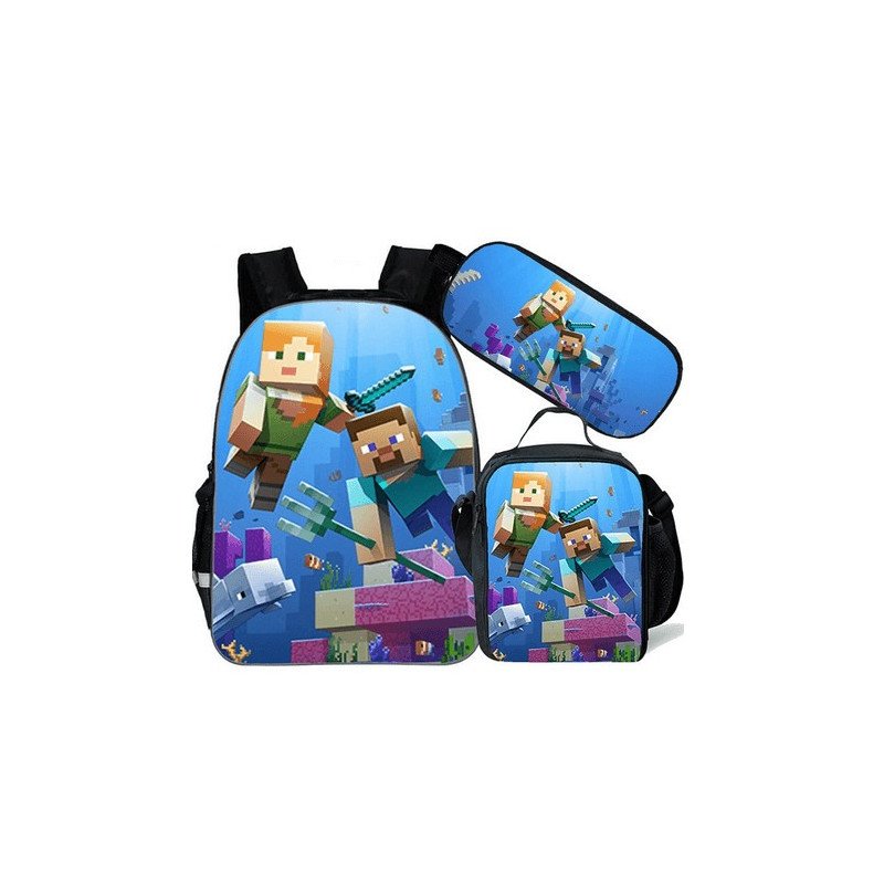 pack cartable + Trousse + Lunch bag  Minecraft jeu vidéo sac à dos Gaming