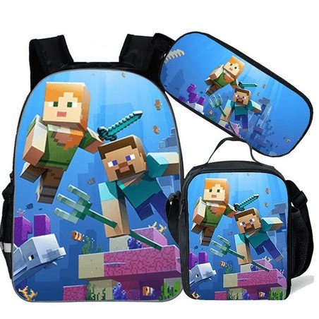 pack cartable + Trousse + Lunch bag  Minecraft jeu vidéo sac à dos Gaming