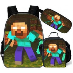 pack cartable + Trousse + Lunch bag  Minecraft jeu vidéo sac à dos Gaming