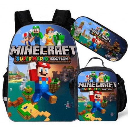 pack cartable + Trousse + Lunch bag  Minecraft jeu vidéo sac à dos Gaming