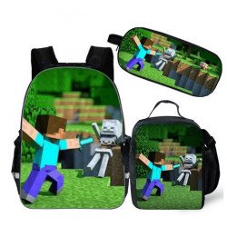 pack cartable + Trousse + Lunch bag  Minecraft jeu vidéo sac à dos Gaming