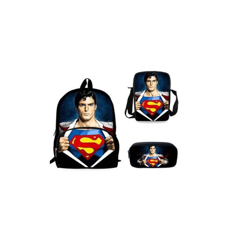 Pack imprimé Cartable sac à dos + Sacoche + Trousse SUPERMAN