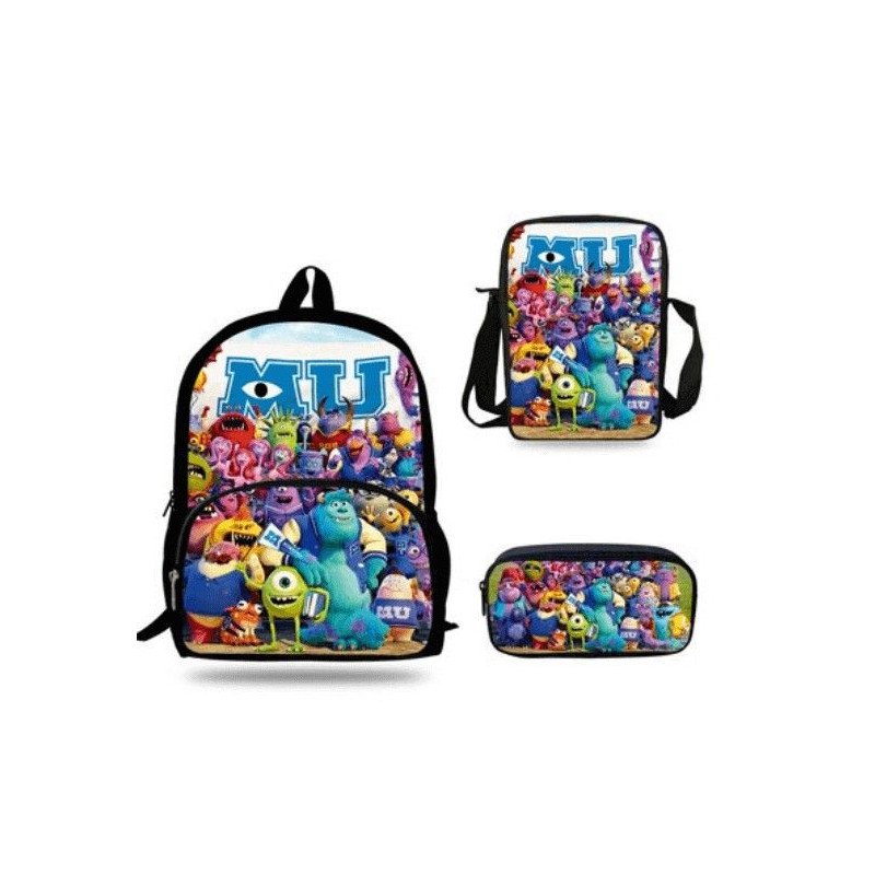 Pack imprimé Cartable sac à dos Monstres & Cie + Sacoche + Trousse assortis