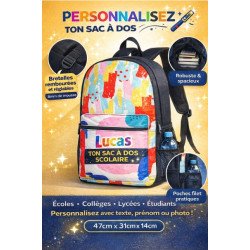 Sac à dos scolaire spacieux personnalisable avec textes et photos